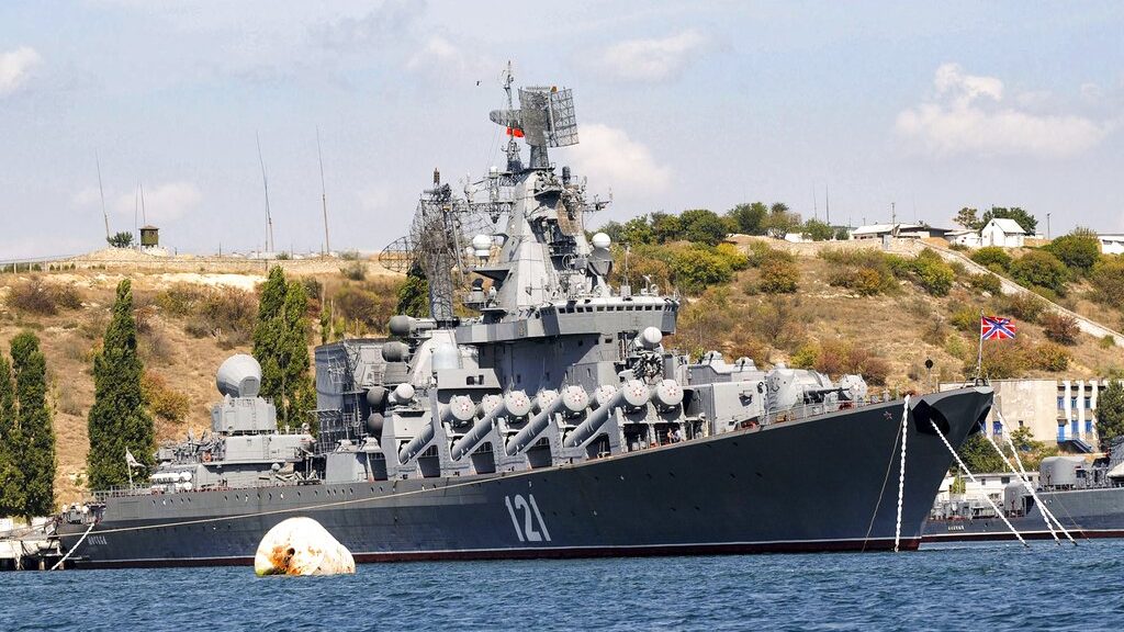 FILE - The Russian missile cruiser Moskva, the flagship of Russia's Black Sea Fleet is seen anchore...