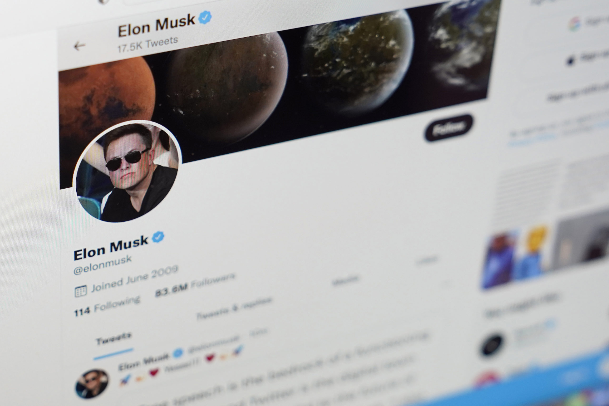 The Twitter page of Elon Musk is seen on the screen of a computer in Sausalito, Calif., on Monday, ...