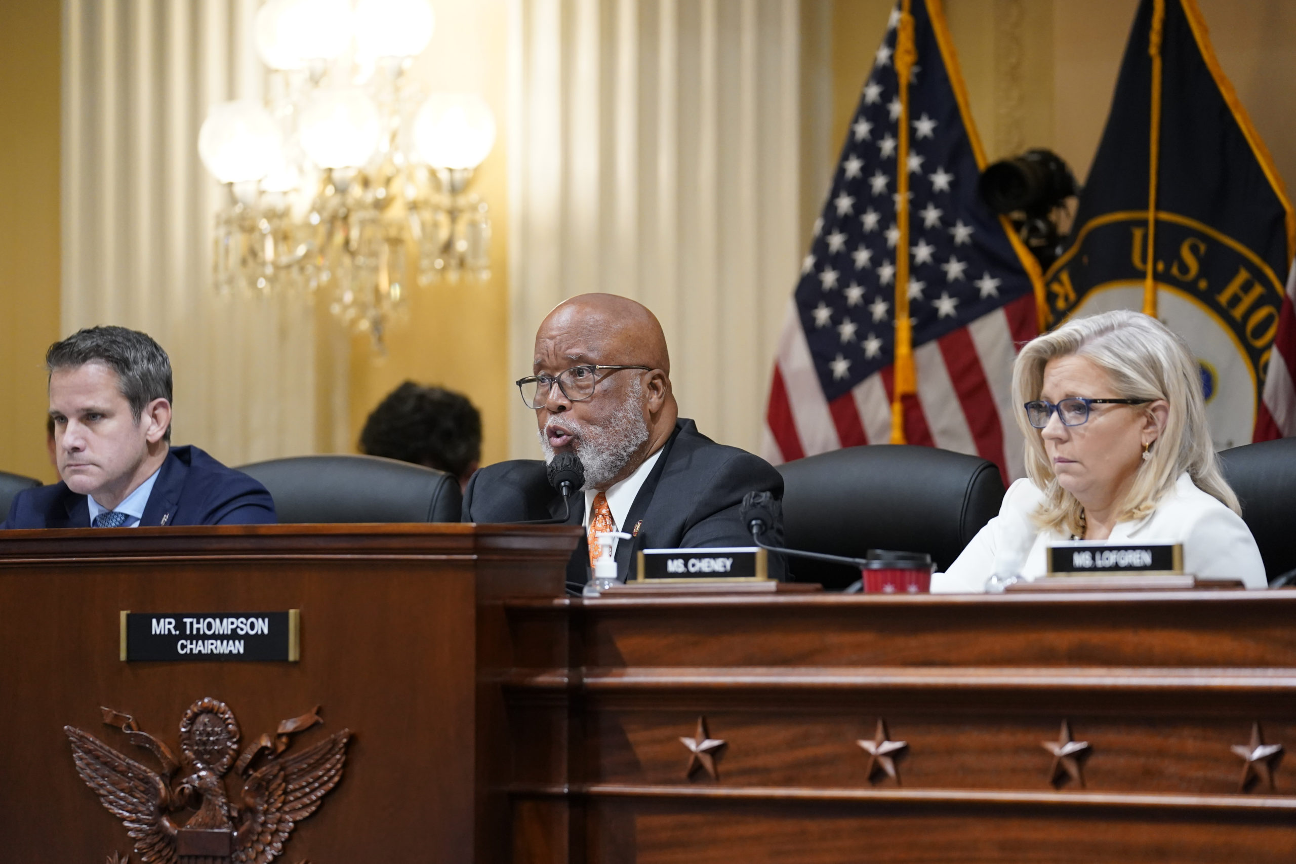 Chairman Bennie Thompson, D-Miss., center, speaks as the House select committee investigating the J...