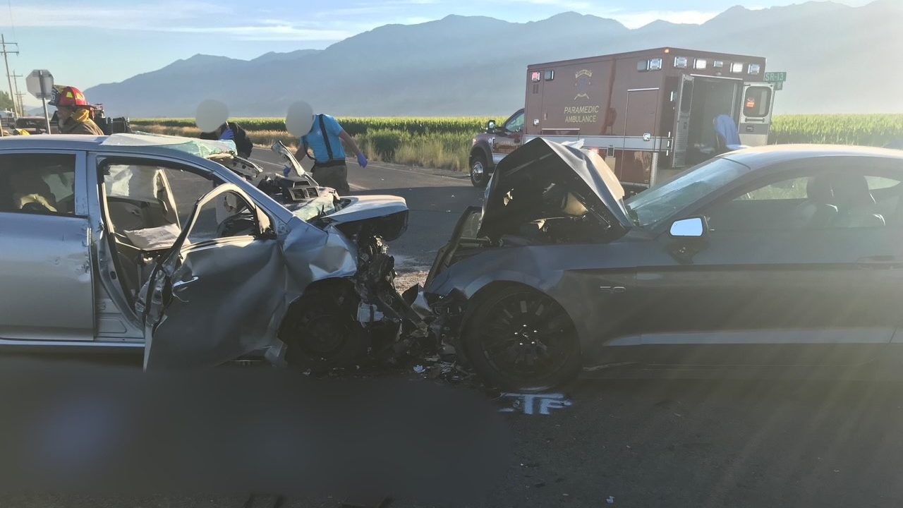 The damage to two cars after a collision in Box Elder County....
