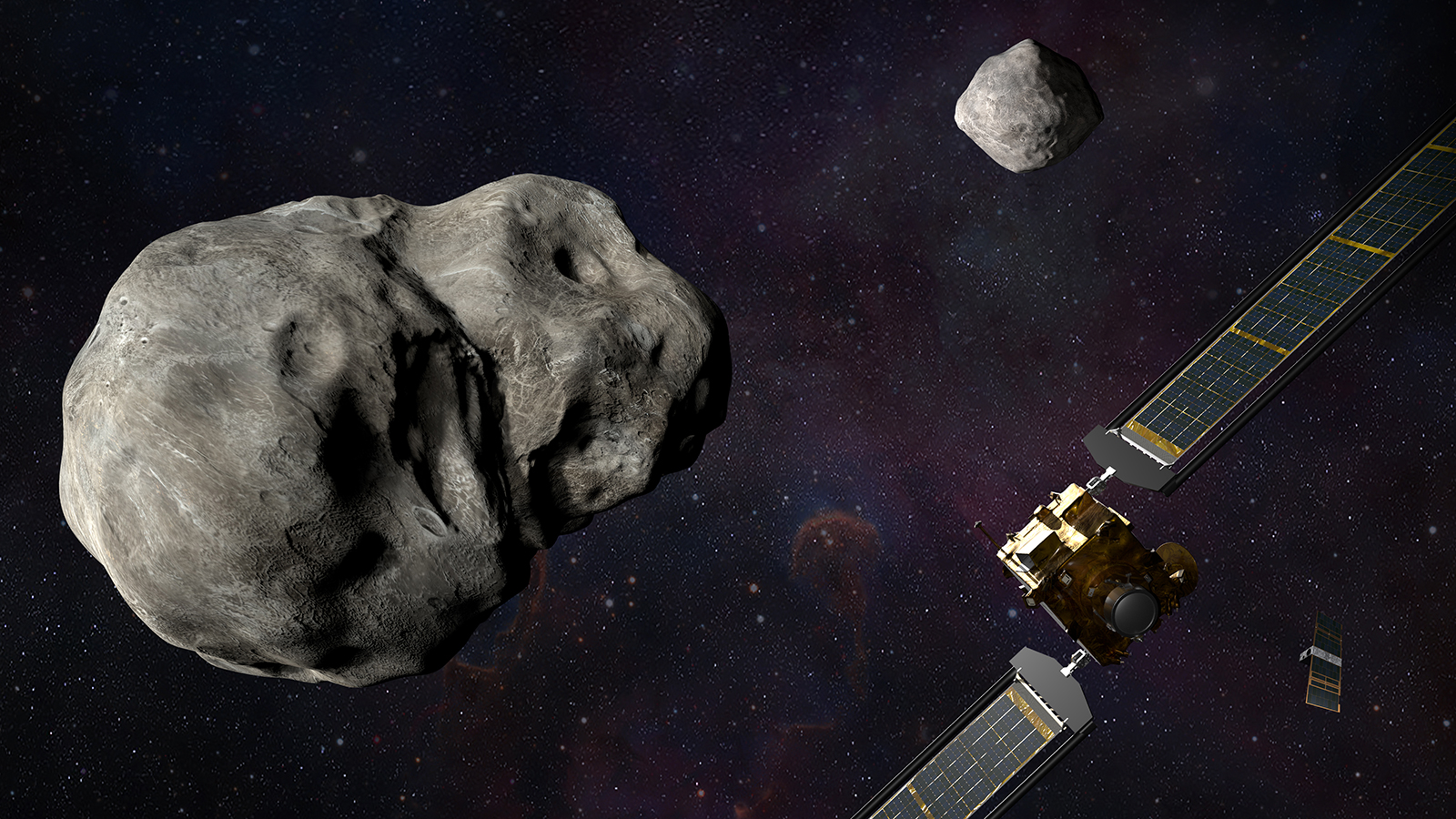 An illustration shows NASA's DART spacecraft and the Italian Space Agency's LICIACube before the co...