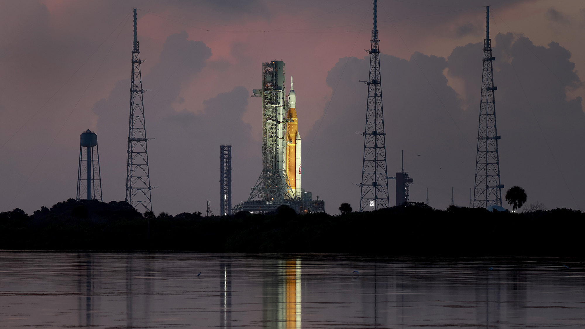CAPE CANAVERAL, FLORIDA - AUGUST 30:  NASA's Artemis I rocket sits on launch pad 39-B at Kennedy Sp...