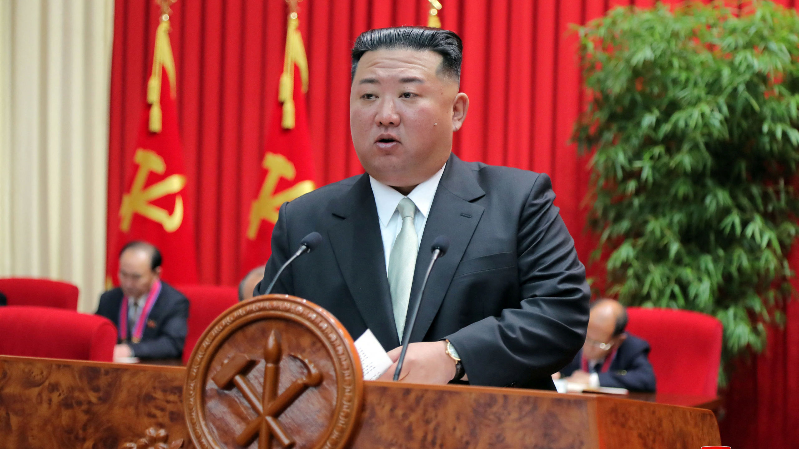 North Korean leader Kim Jong-un speaks during a visit to the Central Officers School of the ruling ...