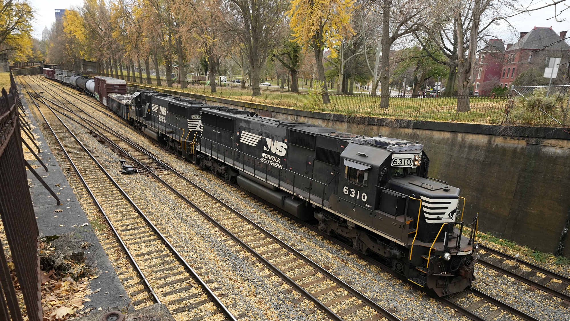 A Norfolk and Southern fright train makes it way through the Northside of Pittsburgh on Monday, Nov...