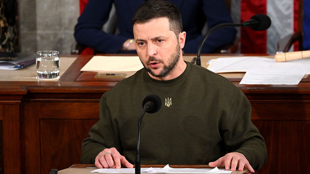Ukraine's President Volodymyr Zelensky addresses the US Congress at the US Capitol in Washington, D...