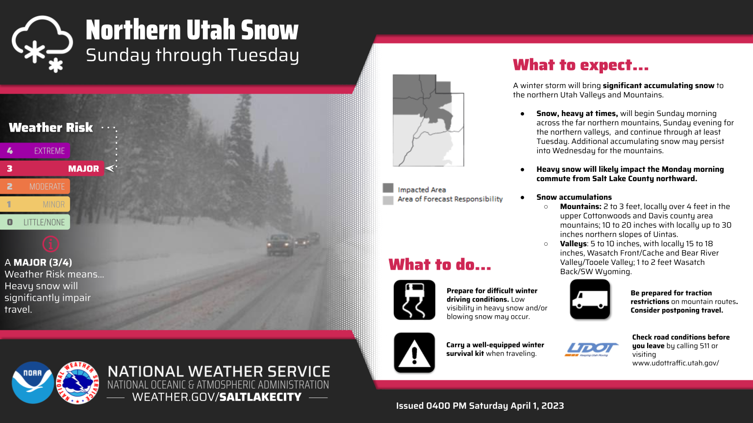 The National Weather Service issued a winter storm warning from 3 a.m. Monday, April 3, through 6 p...