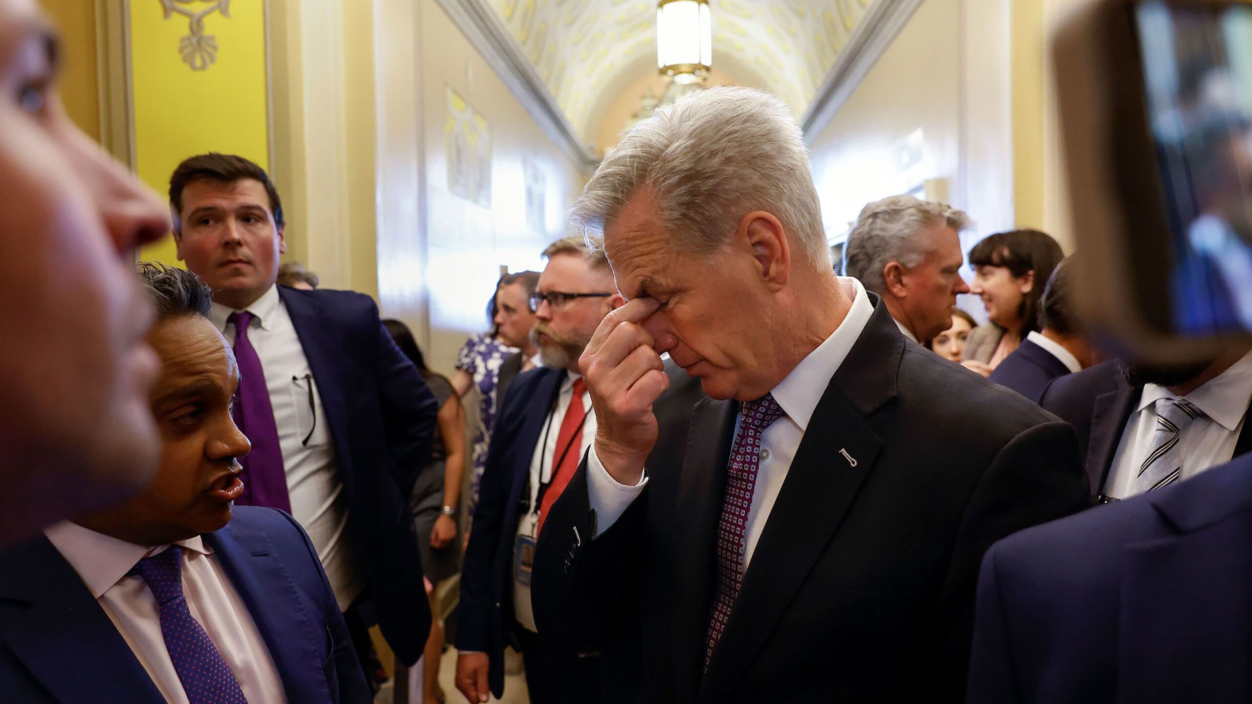 Speaker of the House Kevin McCarthy talks to reporters at the U.S. Capitol on May 17 in Washington,...