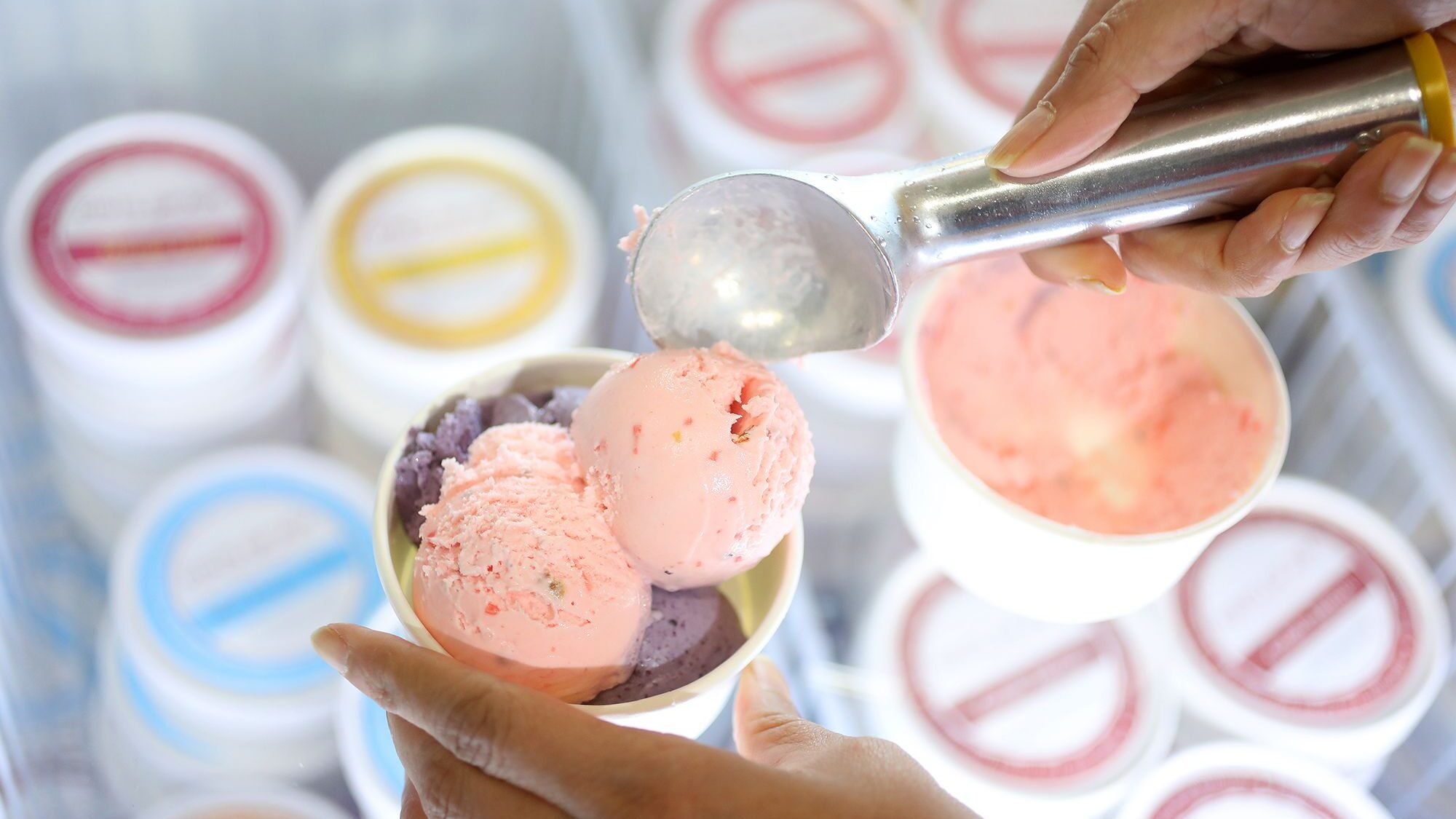 Scoops of Falooda ice cream are placed on top Blueberry Lavender ice cream at Pints of Joy in Sunny...