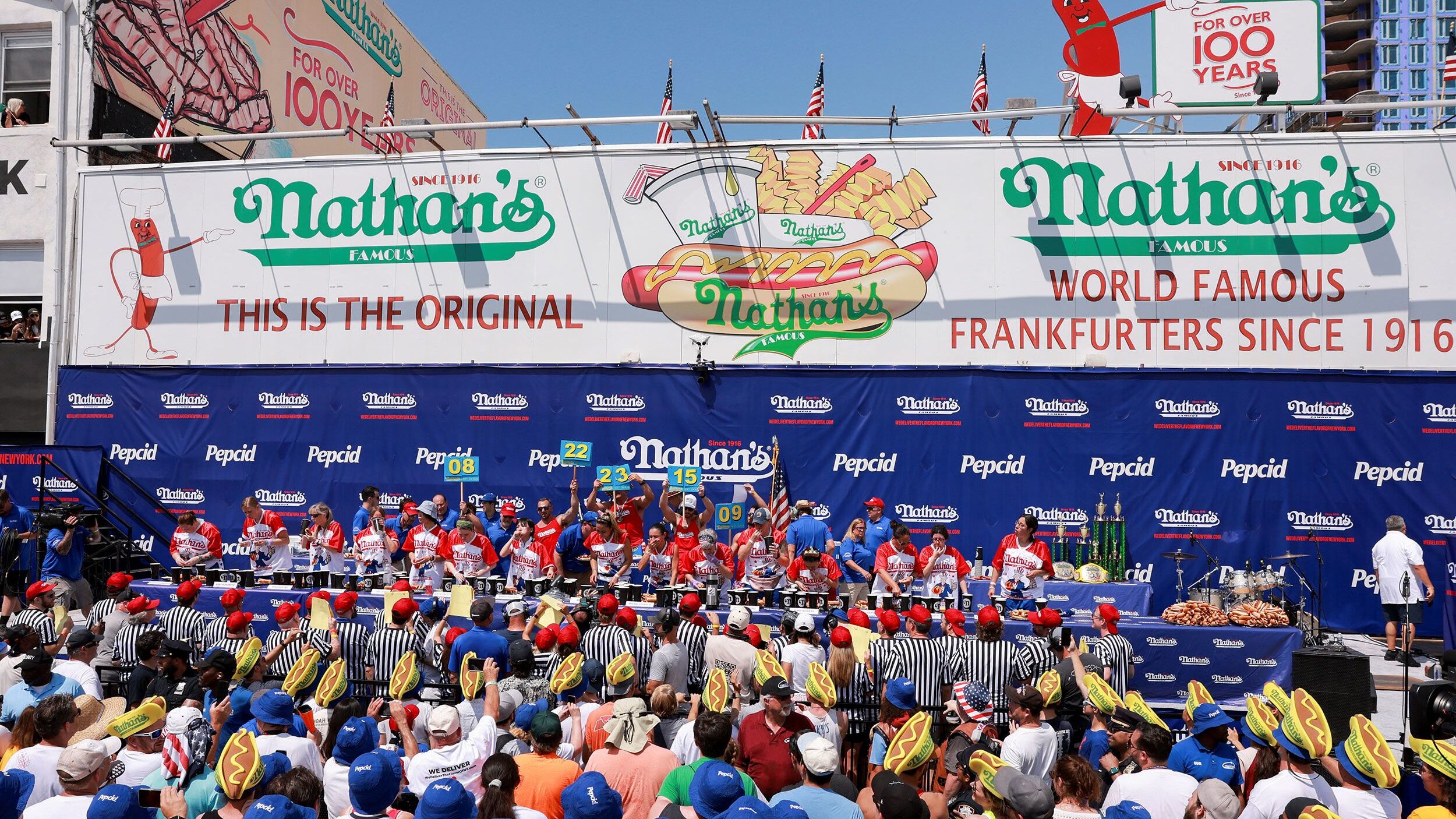 Joey Chestnut ate 62 hot dogs in 10 minutes to win the men’s division of the Nathan’s hot dog e...