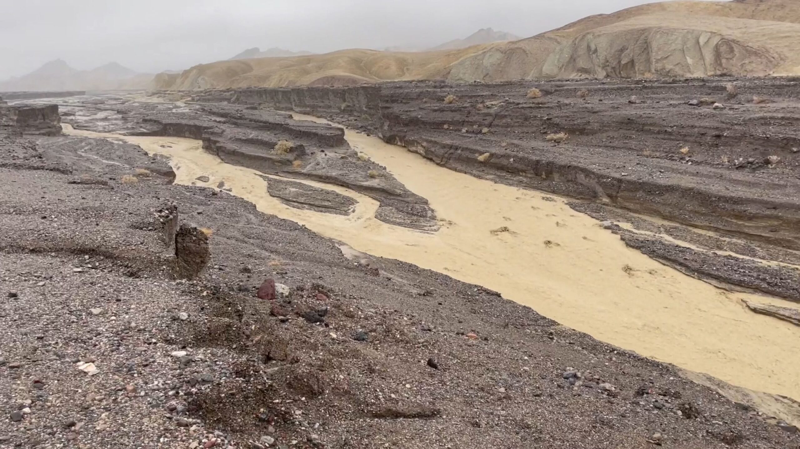A view of flooding caused by heavy rain is seen in Gower Gulch near Zabriskie Point in Death Valley...