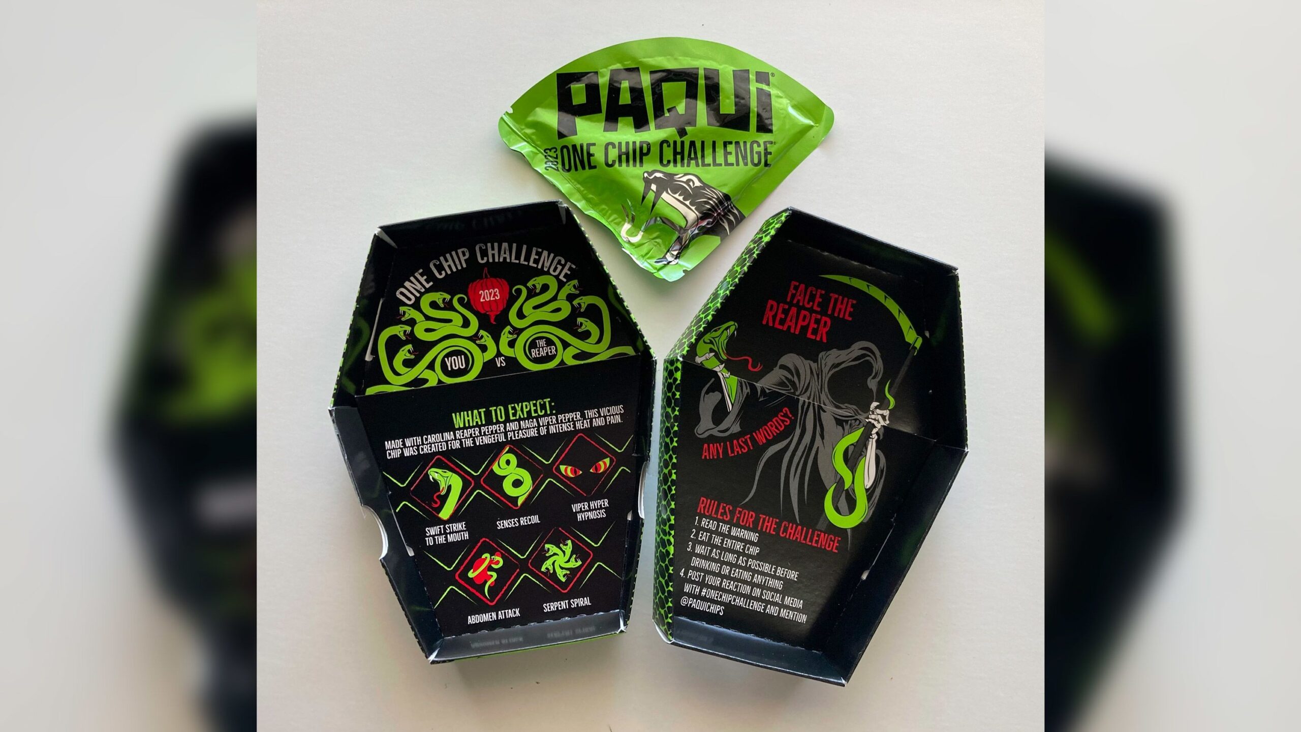 A package of Paqui OneChipChallenge spicy tortilla chips is seen on September 7 in Boston. Tortilla...