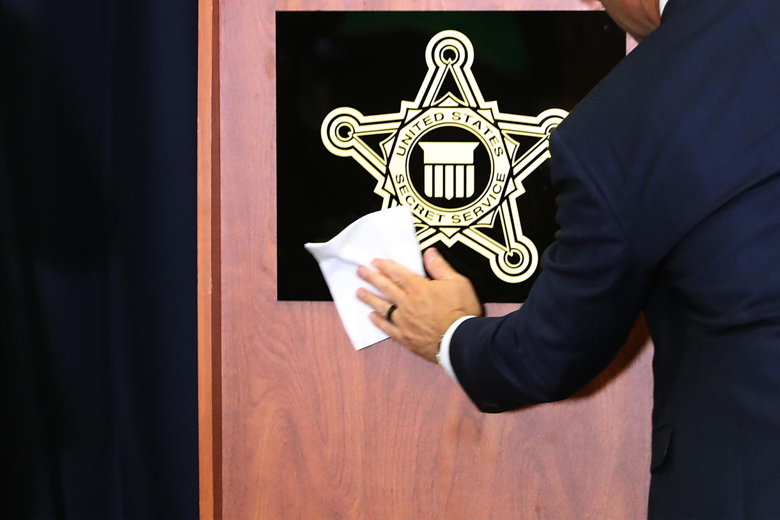 A sign with the U.S. Secret Service shield is pictured here in November 2019 in Washington, DC. A U...