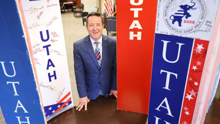 Outgoing Utah GOP Chairman Derek Brown at the party's headquarters in Salt Lake City on April 28, 2...