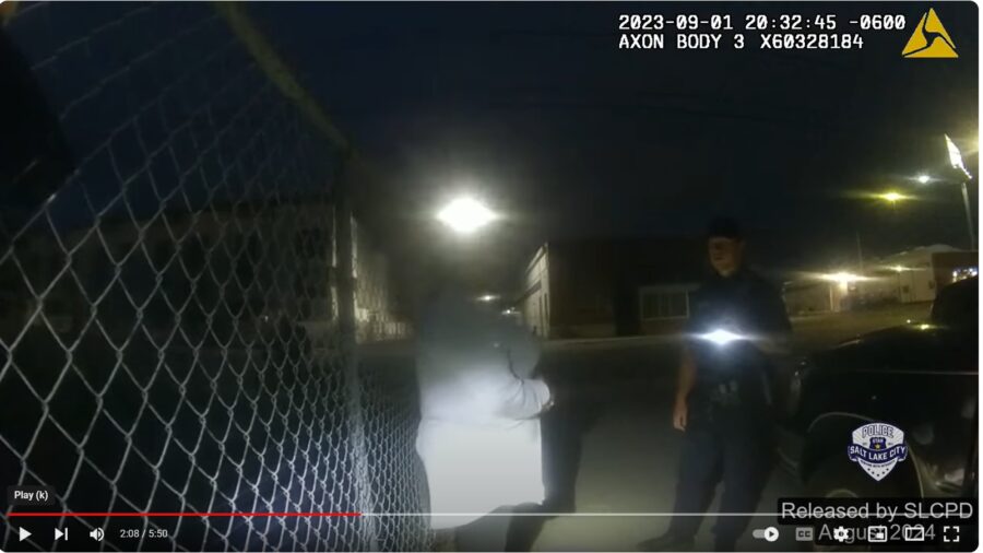 A still image from video of the altercation between Agnes J. Martinez and two officers in Salt Lake...