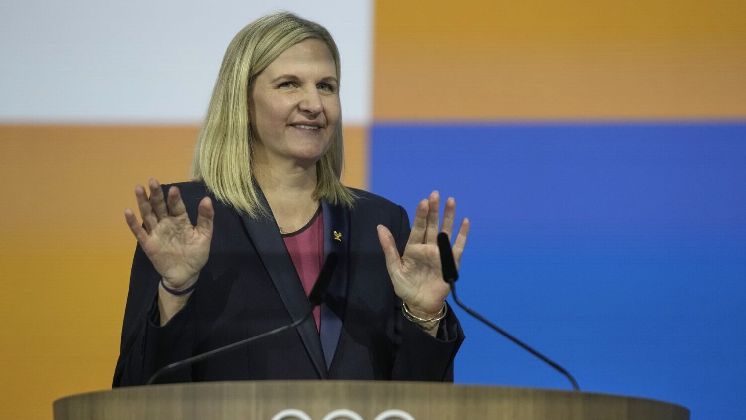 Kirsty Coventry gestures as she speaks after she was announced as the new IOC President at the Inte...