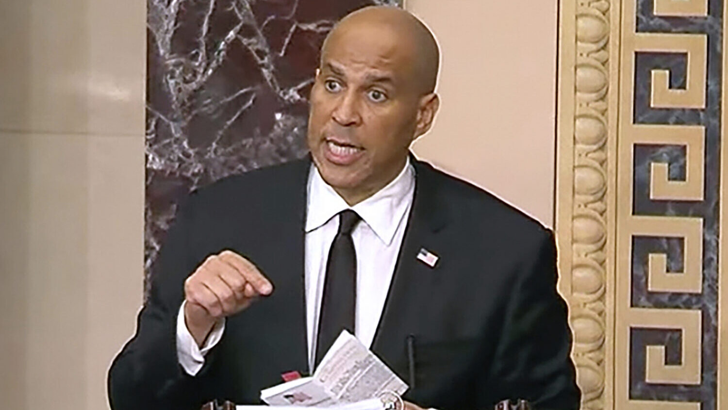 In this image provided by Senate Television, Sen, Cory Booker, D-N.J. participates in a marathon sp...