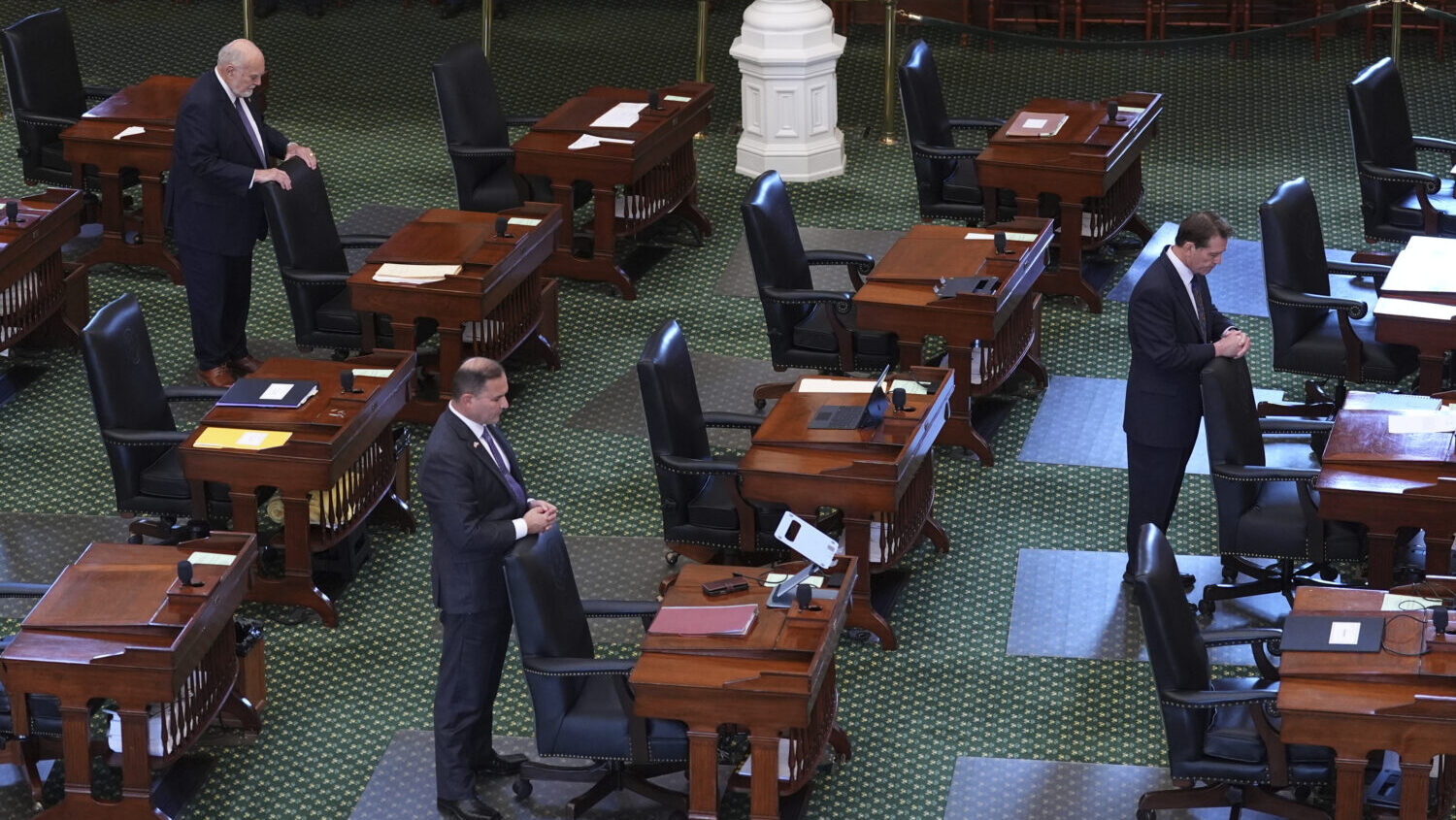 Texas state Sen. Robert Nichols, R-Jacksonville, left, Adam Hinojosa, R-Corpus Christi, center, and...