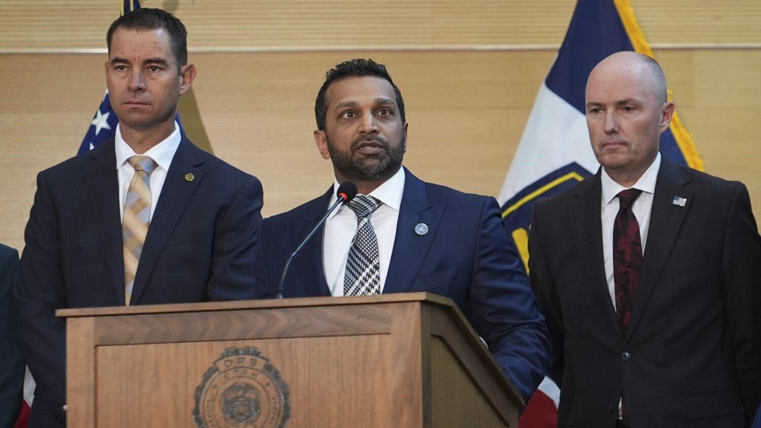 Kash Patel speaks at a news conference, Friday, Sept. 12, 2025, in Orem, Utah, as Utah department o...
