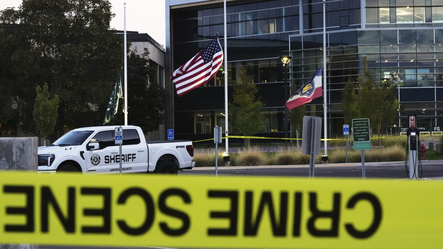 Crime scene tape surrounds Utah Valley University after Turning Point USA CEO and co-founder Charli...