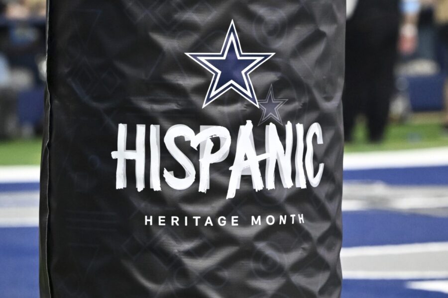 A detail view of a Hispanic Heritage Month goal post wrap during the second half of an NFL football...