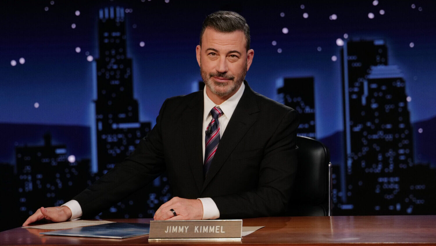 This image released by Disney shows Jimmy Kimmel hosting his late night show "Jimmy Kimmel Live!" i...