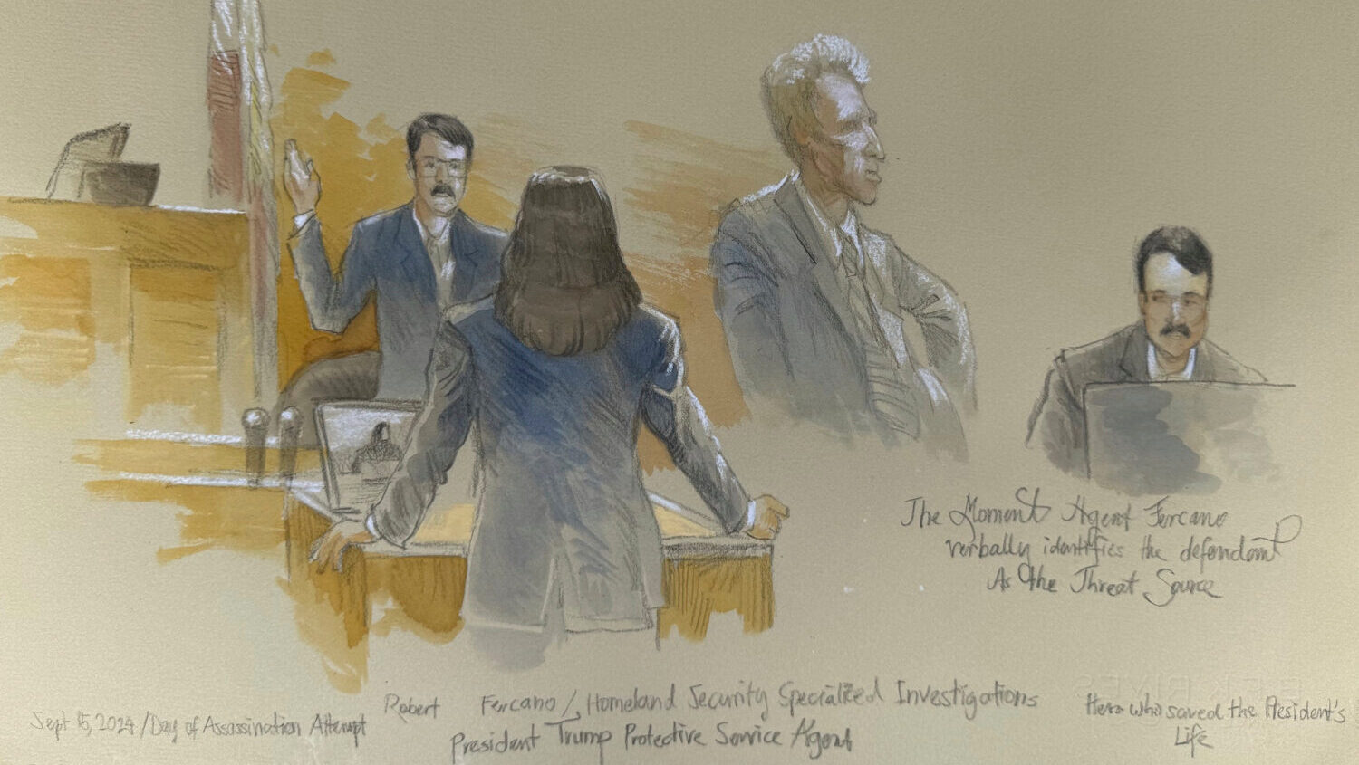 This courtroom sketch shows Secret Service agent Robert Fercano identifying the defendant in the tr...