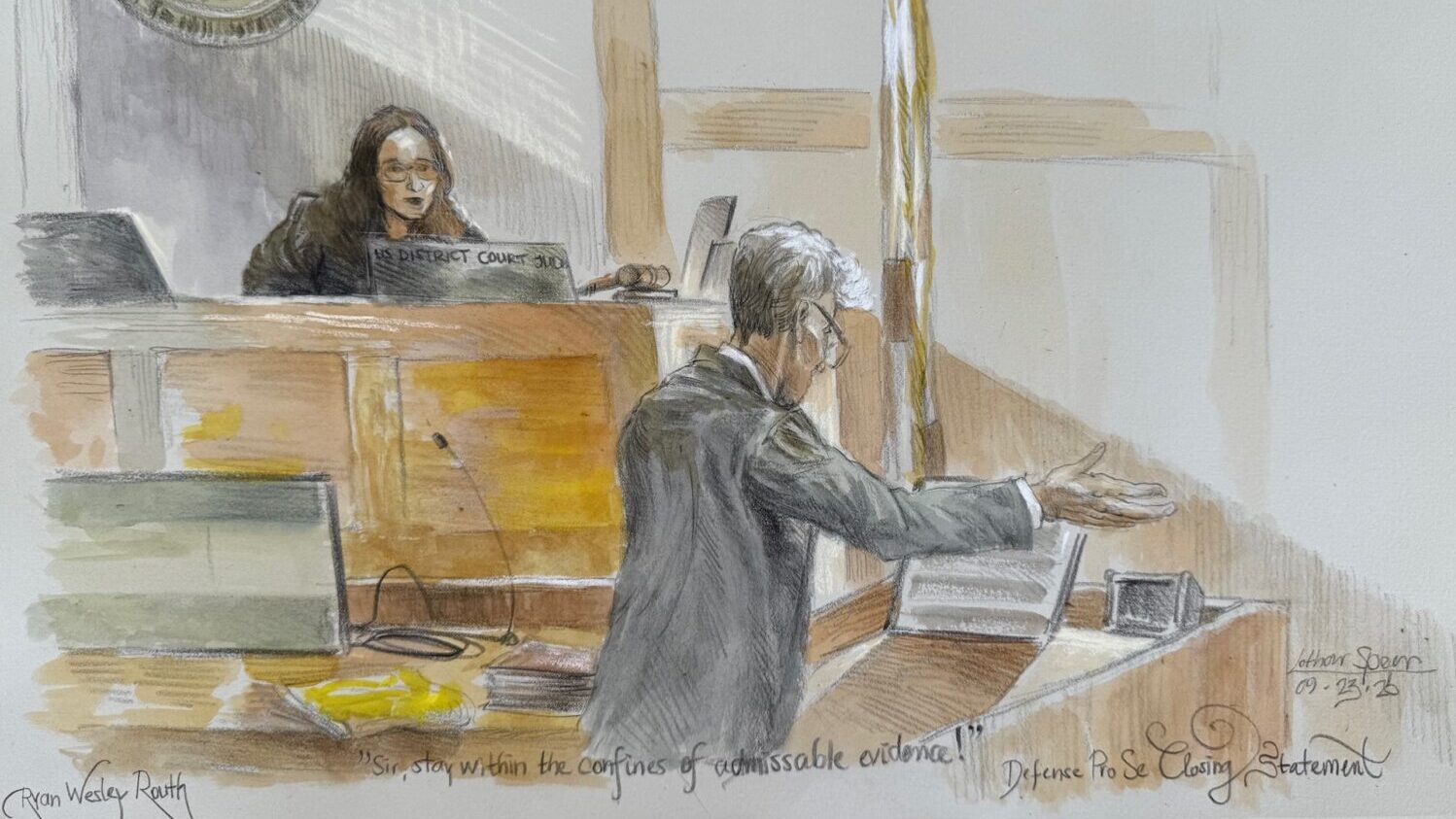 This courtroom sketch shows U.S. District Judge Aileen Cannon listening to Ryan Routh during his tr...