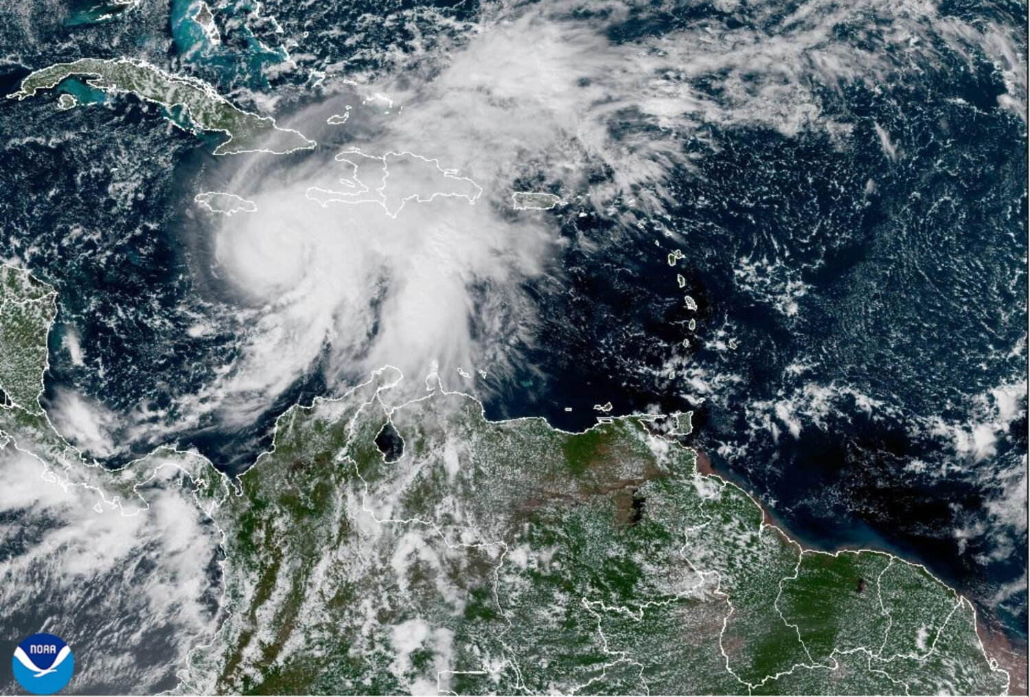 This satellite image provided by NOAA shows Tropical Storm Melissa on Saturday, Oct. 25, 2025. (NOA...