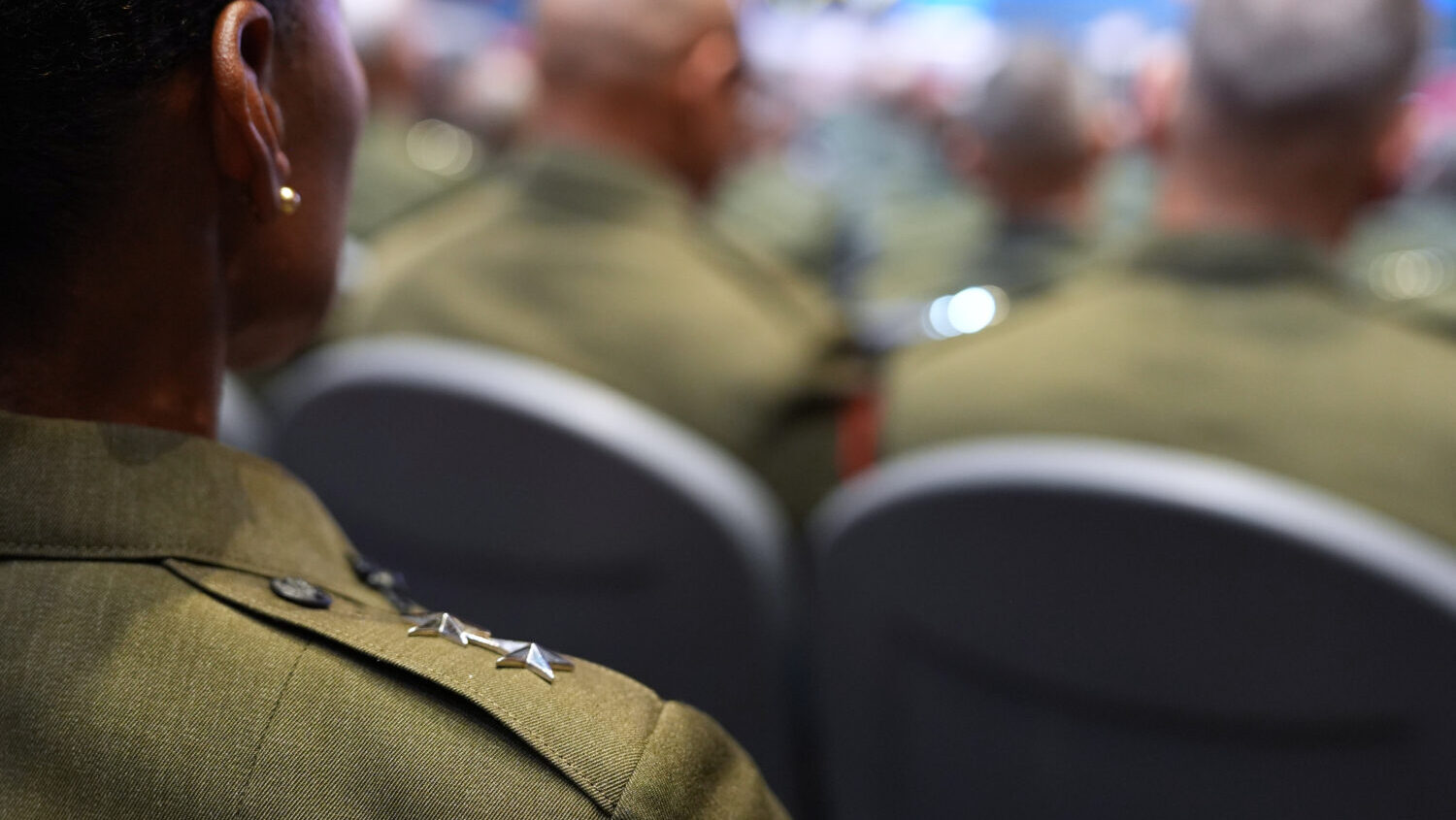 U.S. military senior leadership listen as President Donald Trump speaks at Marine Corps Base Quanti...