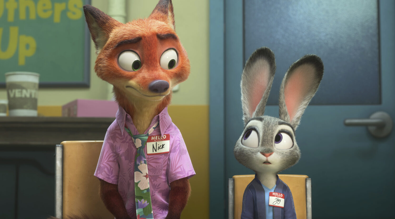 This image released by Disney shows Nick Wilde, voiced by Jason Bateman, left, and Judy Hopps, voic...