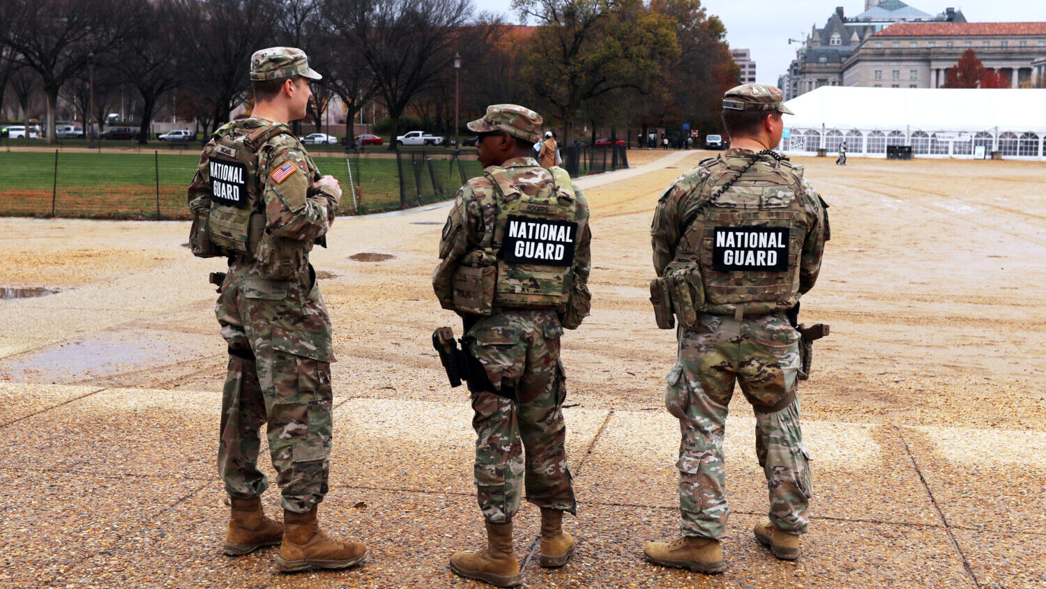 National Guard patrol on the National Mall near the U.S. Capitol, Wednesday, Nov. 26, 2025, in Wash...
