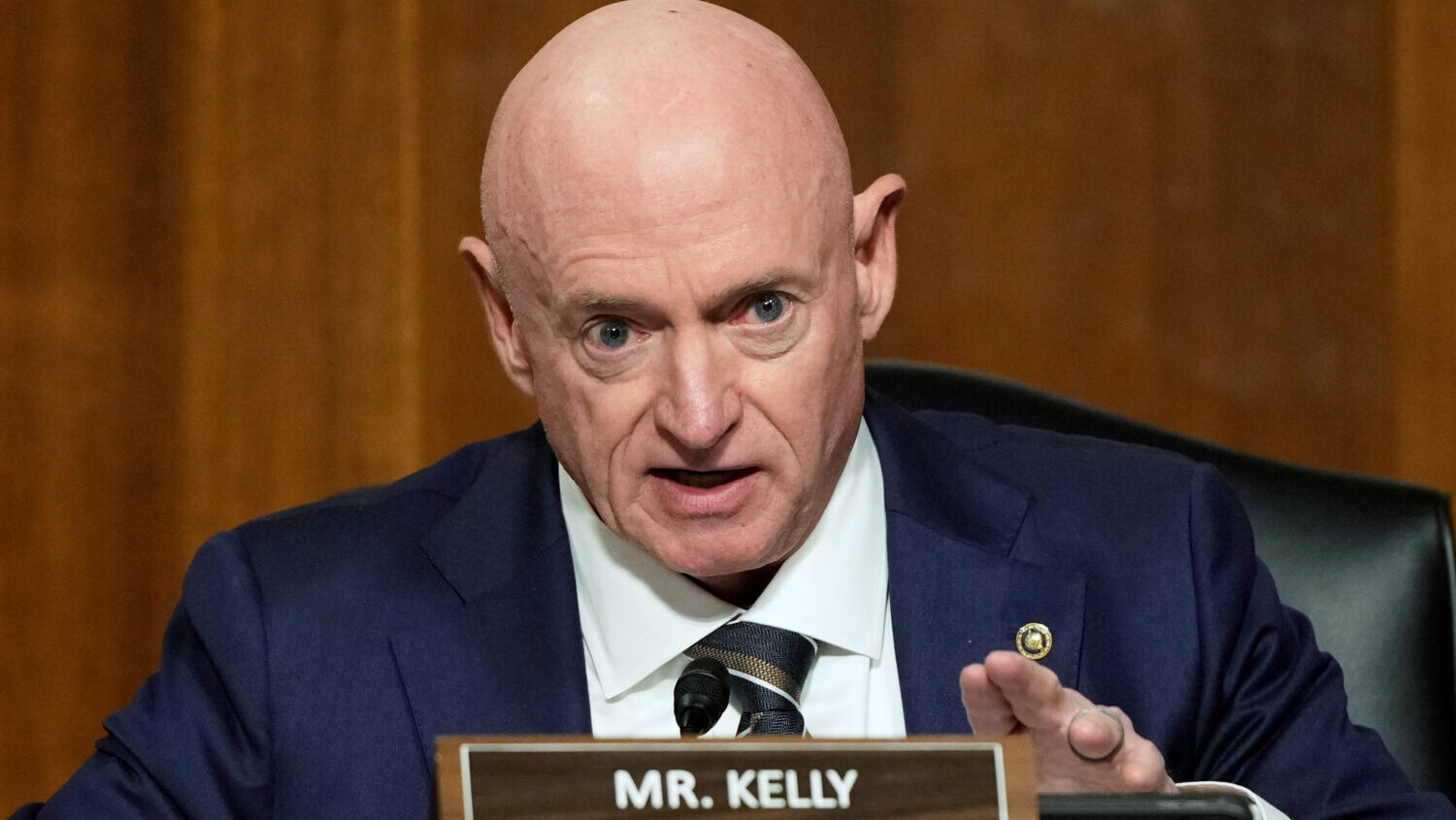 FILE - Sen. Mark Kelly, D-Ariz., speaks during the Senate Armed Services Committee confirmation hea...
