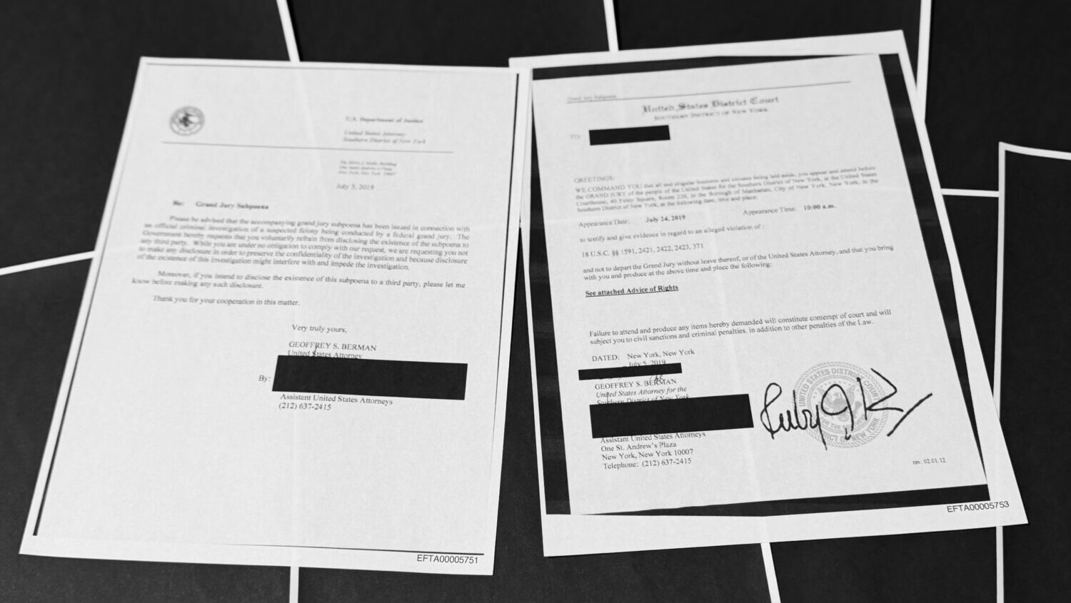 Pages that show New York grand jury subpoenas being issued into the Jeffrey Epstein and Ghislaine M...