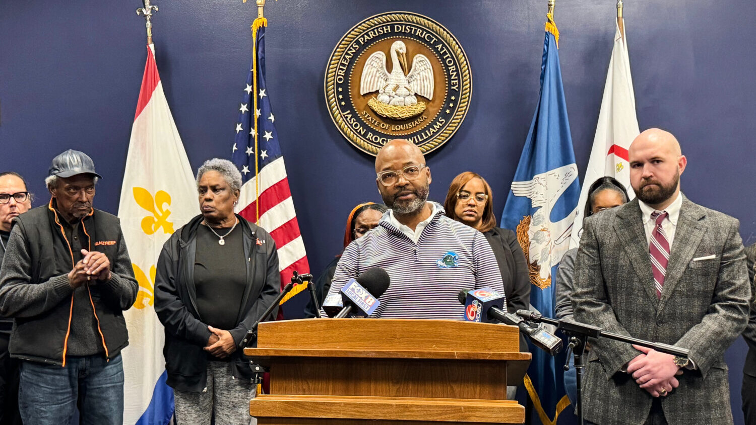Orleans Parish District Attorney Jason Williams addresses the media following the sentencing of Der...