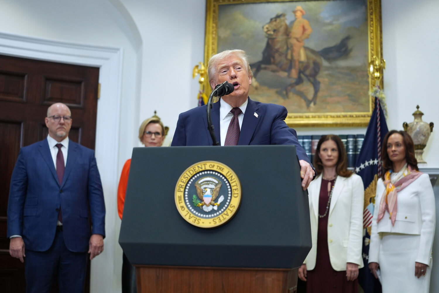 President Donald Trump speaks during an event on prescription drug prices in the Roosevelt Room of ...