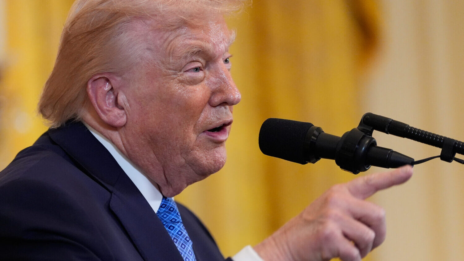 President Donald Trump speaks during a Hanukkah reception in the East Room of the White House, Tues...