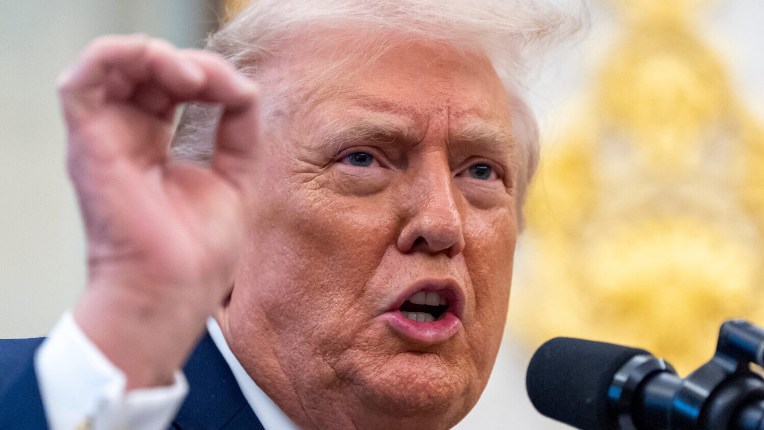 President Donald Trump speaks during a Mexican Border Defense Medal presentation in the Oval Office...