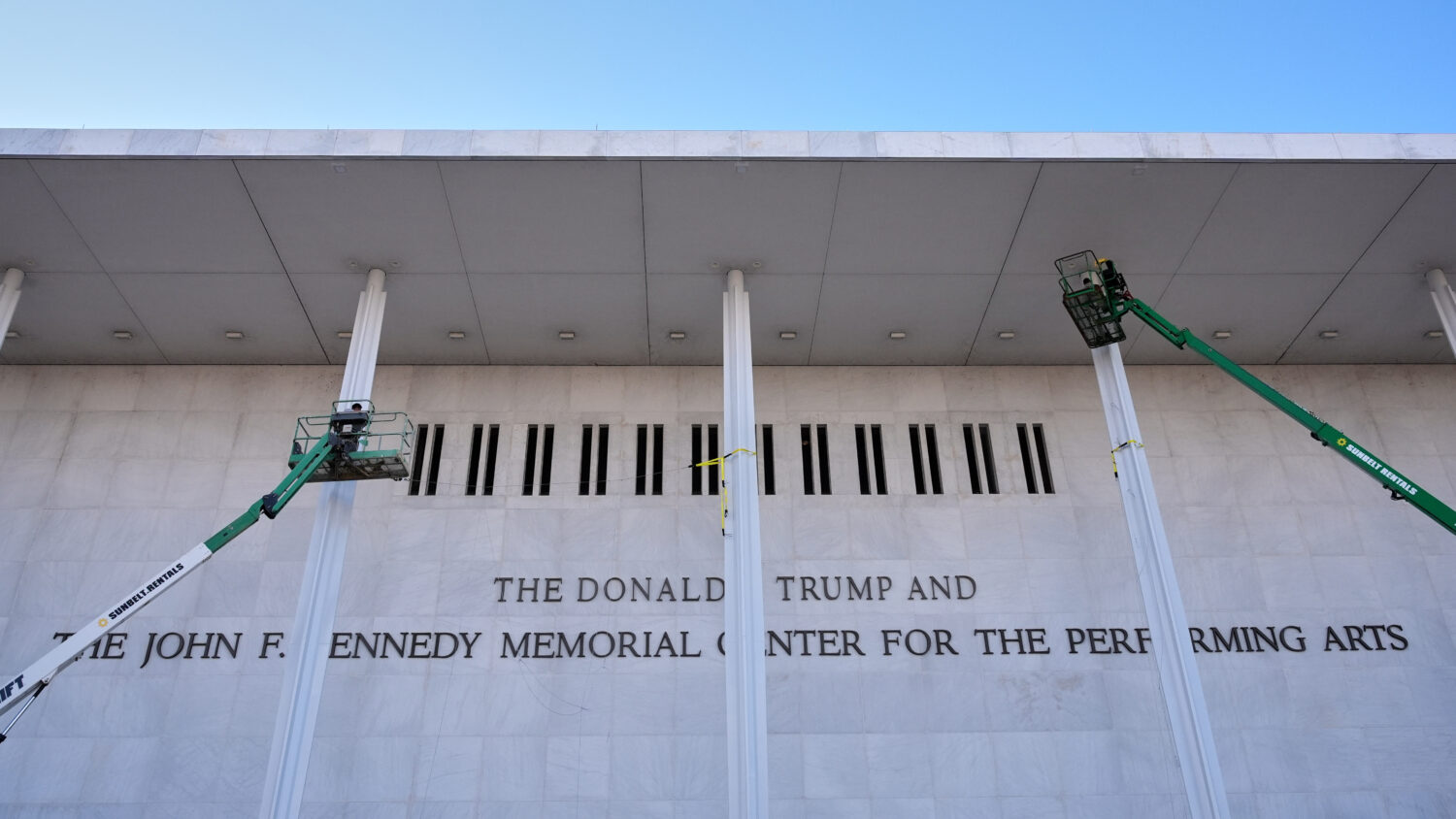 New signage, The Donald J. Trump and The John F. Kennedy Memorial Center For The Performing Arts, i...