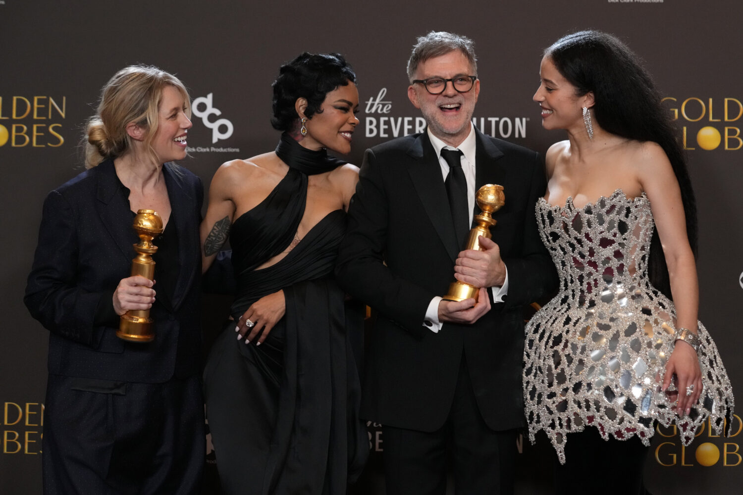 Sara Murphy, from left, Teyana Taylor, Paul Thomas Anderson, and Chase Infiniti pose in the press r...