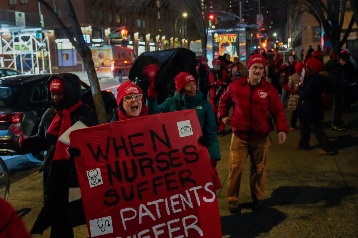 Nurses strike outside Mount Sinai West Hospital, Monday, Jan. 12, 2026, in New York. (Yuki Iwamura,...