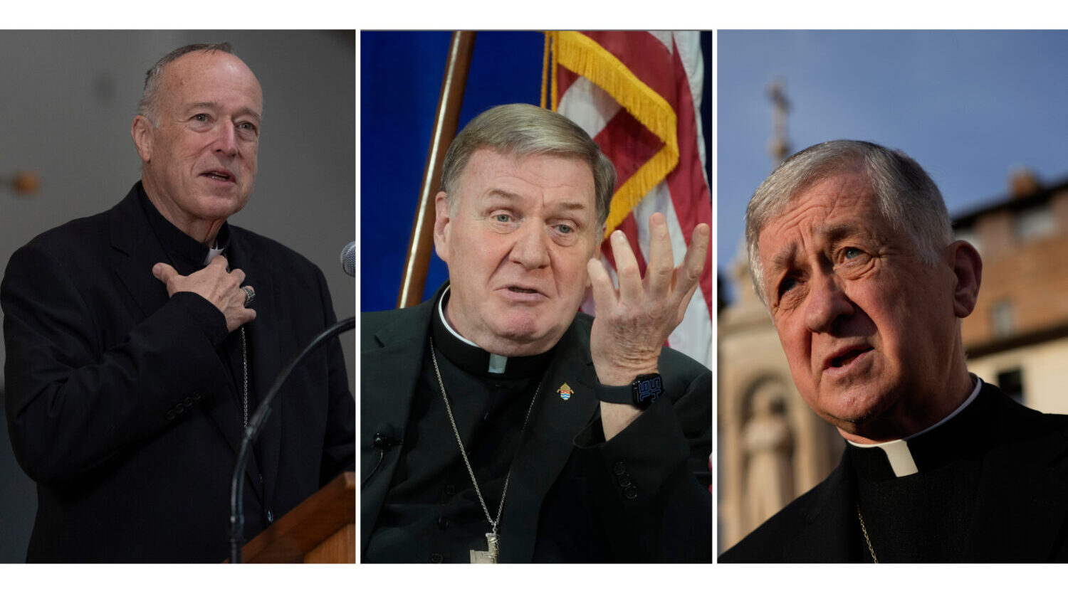 This combo shows, from left, cardinal Robert McElroy, cardinal Joseph Tobin and cardinal Blase Cupi...