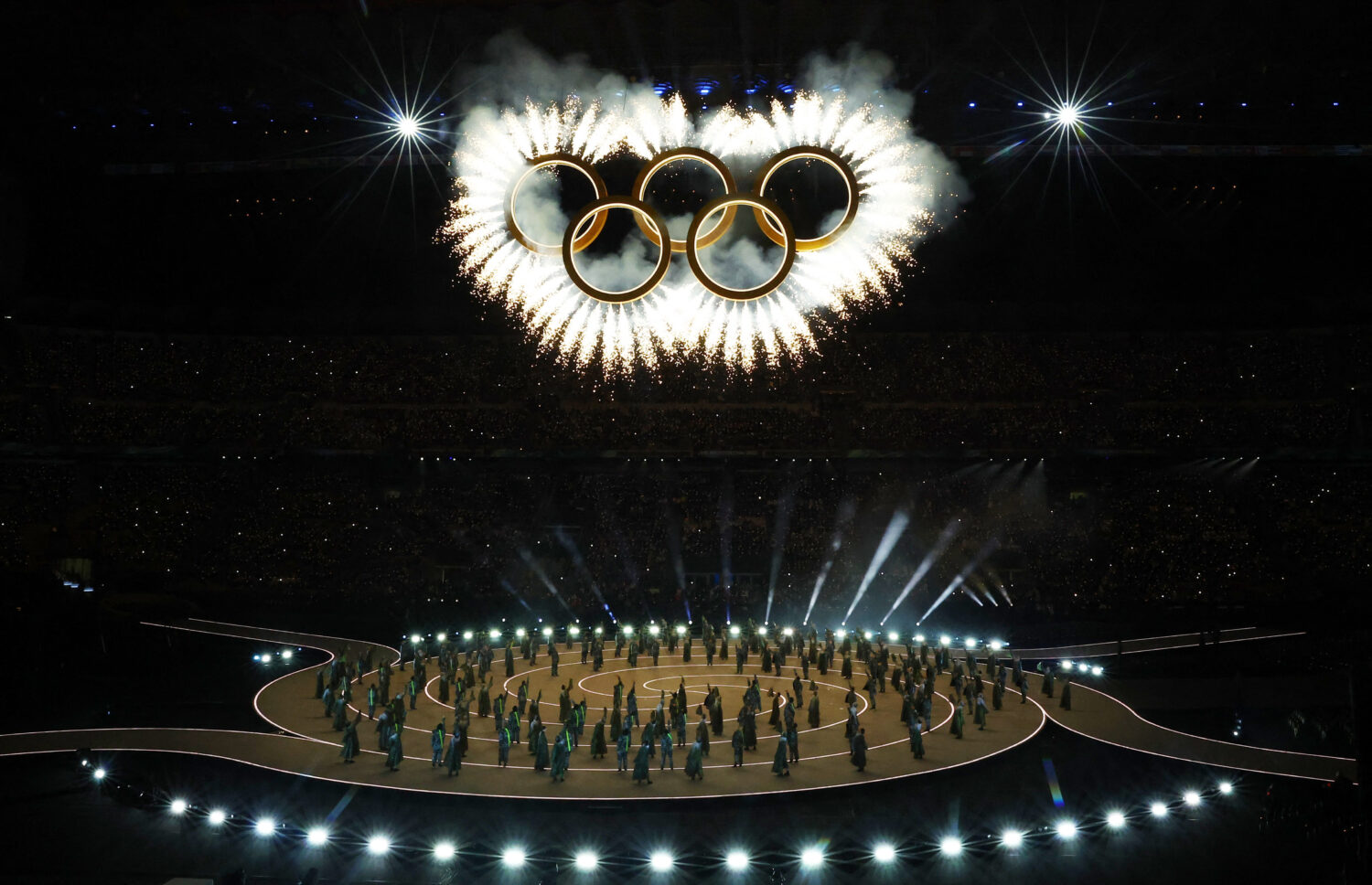 Performers at the Olympic opening ceremony at the 2026 Winter Olympics, in Milan, Italy, Friday, Fe...
