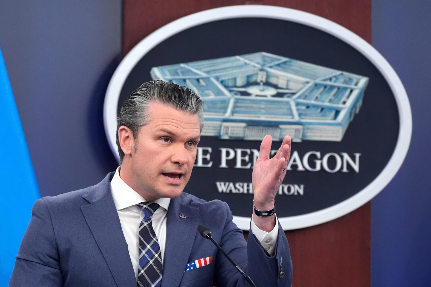 Defense Secretary Pete Hegseth speaks to members of the media during a press briefing at the Pentag...