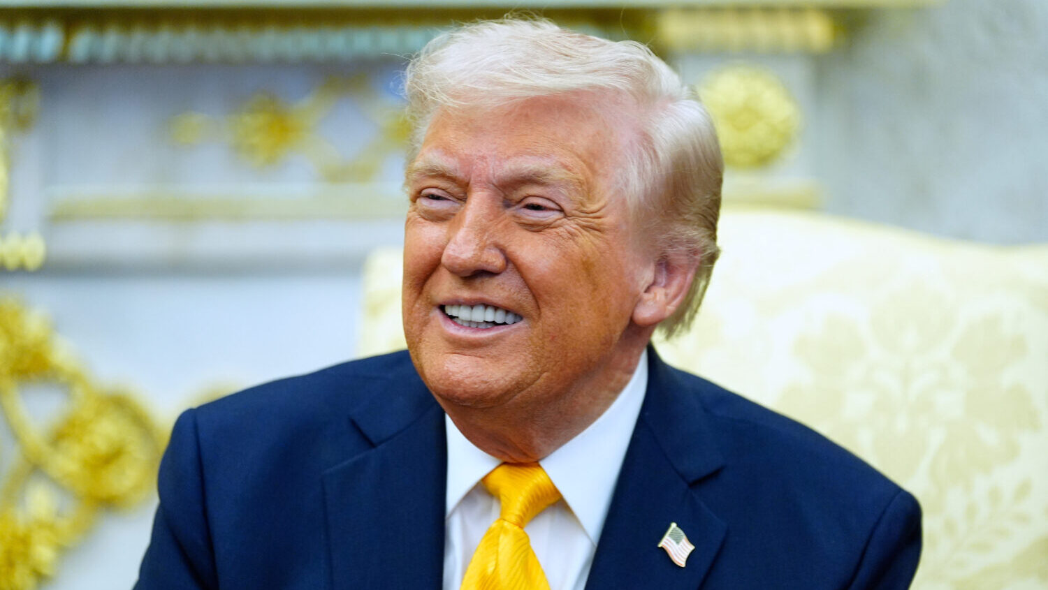 President Donald Trump speaks during a meeting with Japan's Prime Minister Sanae Takaichi in the Ov...