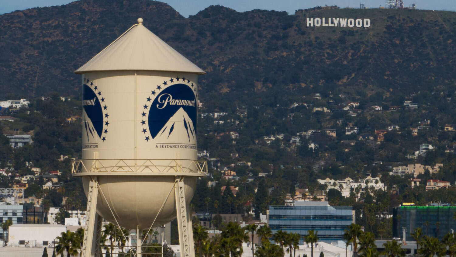 FILE - The Paramount Pictures water tower is seen in Los Angeles, Dec. 18, 2025, with the Hollywood...