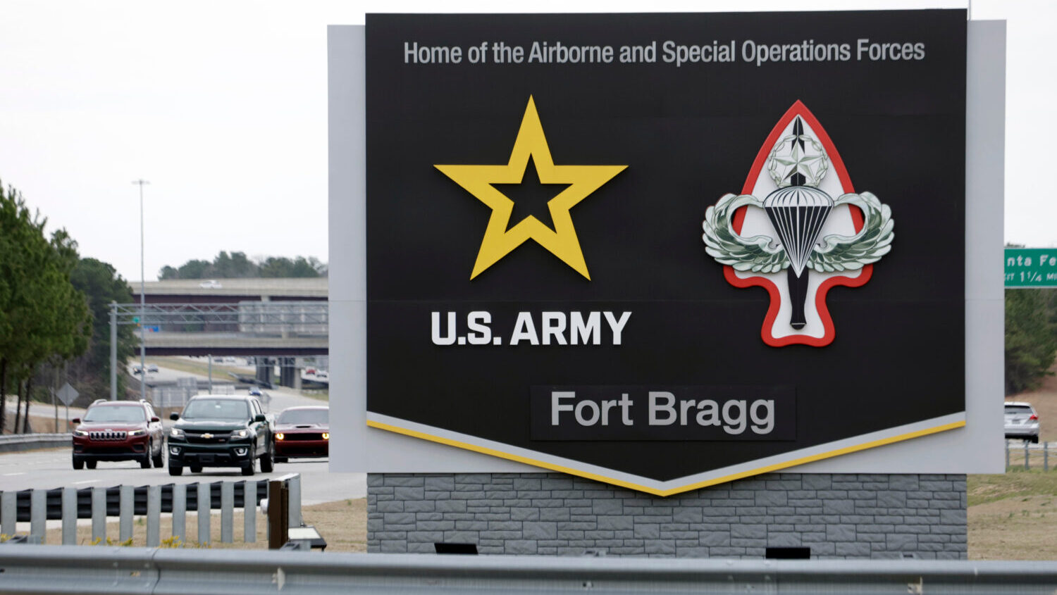 FILE - A sign for Fort Bragg is seen, March 7, 2025, in Fort Bragg, N.C. (Chris Seward, Associated ...