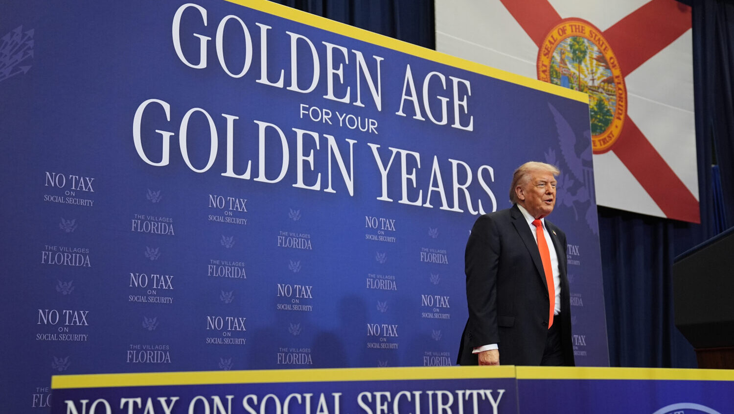 President Donald Trump arrives to speak at a charter school in The Villages, Fla., Friday, May 1, 2...