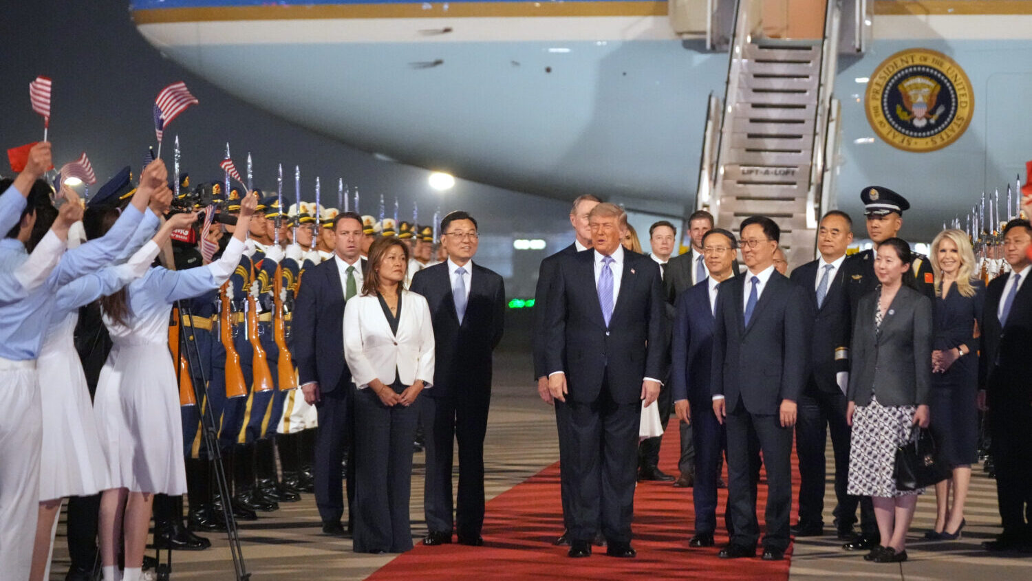 President Donald Trump arrives on Air Force One, Wednesday, May 13, 2026, at Beijing Capital Intern...