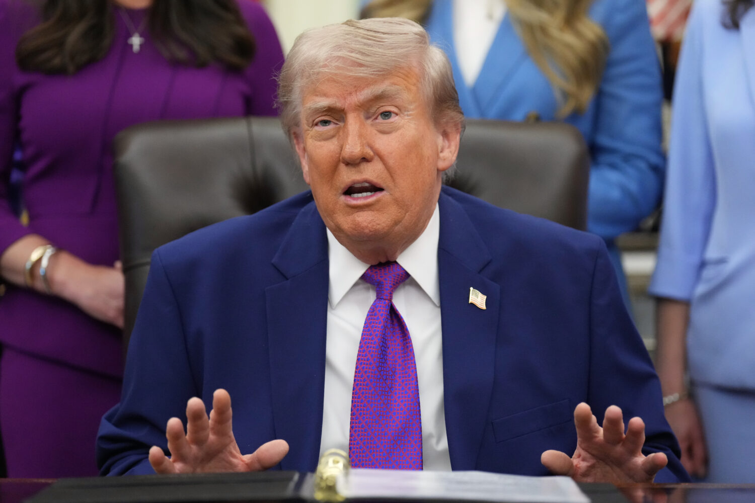 President Donald Trump speaks to reporters at an event about maternal healthcare, Monday, May 11, 2...