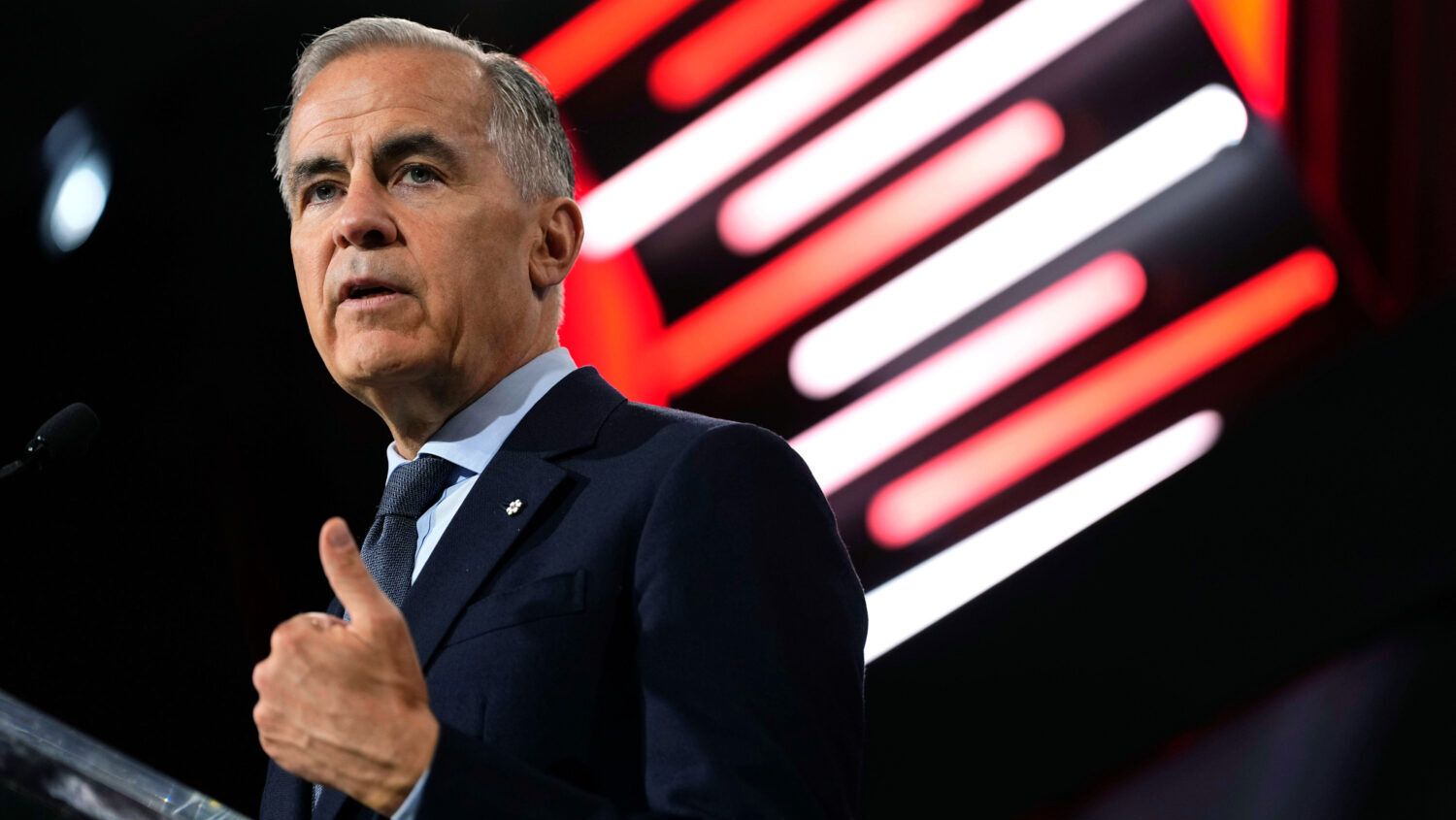 Canadian Prime Minister Mark Carney makes an address at the Canadian Association of Defense and Sec...